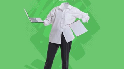 Person hält einen Laptop und ein Klemmbrett. Das Bild ist so bearbeitet, dass nur die Kleidung sichtbar ist und nicht der Körper der Person. Der Kopf wurde durch ein Gehirn ersetzt.