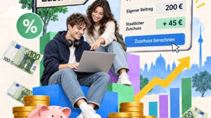Zwei junge Leute sitzen auf einem Balkendiagramm. Im Hintergrund ist ein Rechner zu sehen.