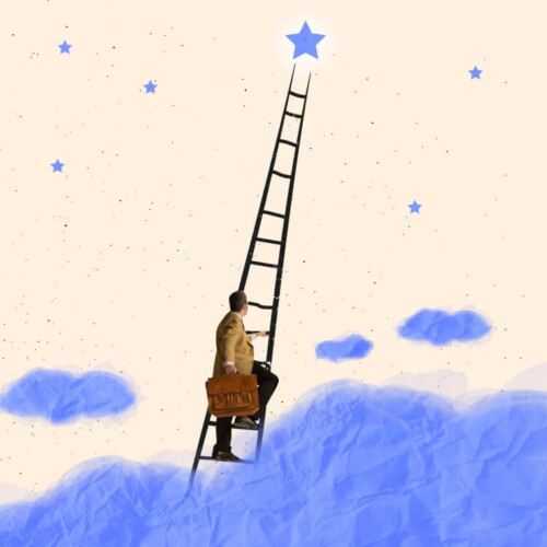 Eine Person erklimmt die ersten Stufen einer langen Leiter. Unten sind Wolken, am oberen Ende der Leiter befindet sich ein Stern.