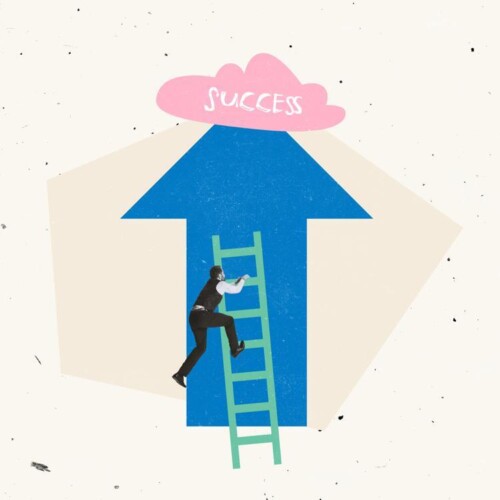 Ein großer Pfeil nach oben, an dem eine Leiter lehnt. An der Spitze des Pfeiles befindet sich eine Wolke, auf der "SUCCESS" geschrieben steht. Ein Geschäftsmann erklimmt die Leiter mit Mühe.