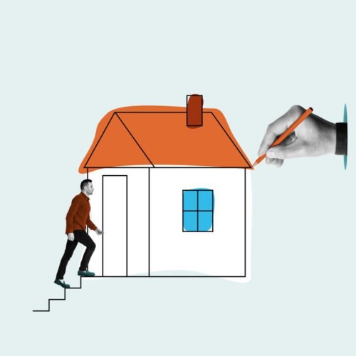 Eine Hand zeichnet ein Haus. Eine Person geht in das Haus.
