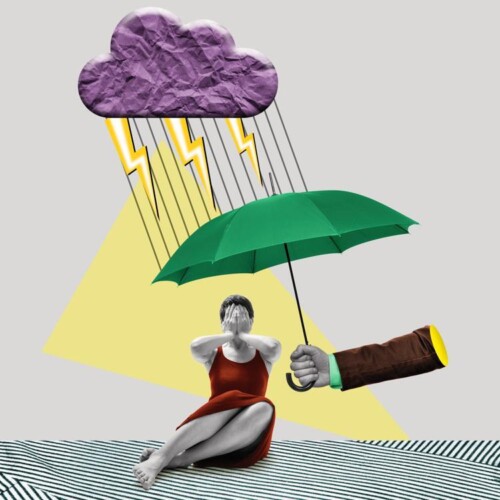 Eine Person sitzt auf dem Boden und hält verzweifelt ihre Hände über das Gesicht. Über ihr eine Wolke mit Blitzen und Regen, sowie ein Regenschirm, der von einer Hand gehalten wird.