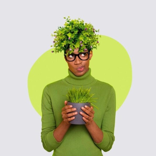 Eine Frau im grünen Pullover hält einen Blumentopf mit Gras. Auf ihrem Kopf befinden sich Zweige eines Laubgewächses. Ihr Gesichtsausdruck ist fragend/nachdenklich.