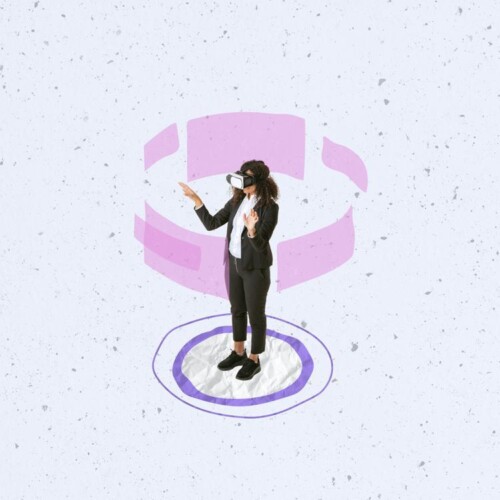 Eine Frau trägt eine Virtual Reality Brille. Um sie sind kreisförmig virtuelle Displays angeordnet, zu denen sie mit den Händen fasst.