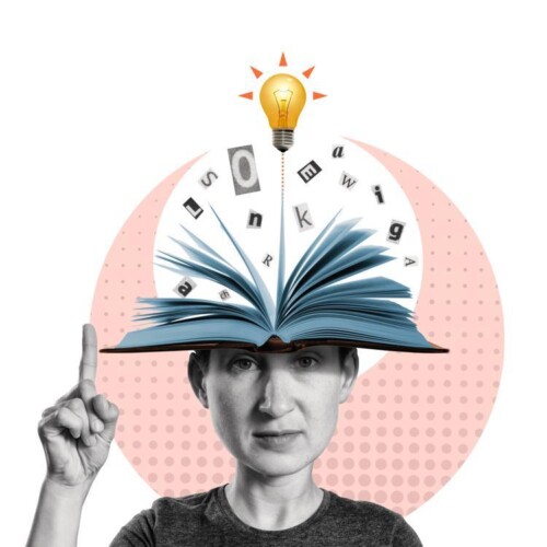 Eine Frau zeigt mit dem Finger nach oben. Der obere Teil ihrers Kopfes wurde durch ein aufgeschlagenes Buch ersetzt, über dem Buchstaben und eine Glühbirne schweben.