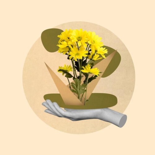 Flach ausgestreckte Hand, aus der gelbe Blumen wachsen.