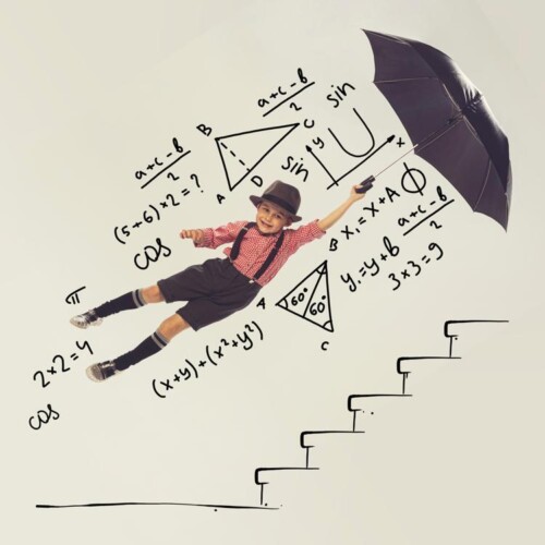 Ein kleiner Junge wird an einem Regenschirm seitlich durchs Bild geweht. Er ist umgeben von wissenschaftlichen Formeln und unter ihm befindet sich eine Treppe.