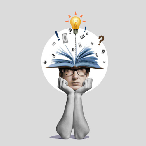 Ein Kopf mit einem offenen Buch und einer Glühbirne stützt sich auf zwei Hände.