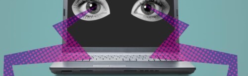 Ein Laptop, auf dessen Bildschirm zwei freigestellte Augen inmitten einer schwarzen Fläche zu sehen sind. Von den Augen gehen Blitze aus.