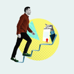 Mann geht eine Treppe aus Laptops hoch. Oben wartet eine Hand mit einem Zeugnis in der Hand. Der Hintergrund ist ein Kreisdiagramm.