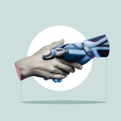 Ein Mensch und ein Roboter schütteln Hände