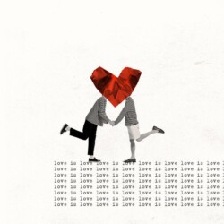 Ein Paar hält sich an den Händen, die Köpfe sind von einem großen Herz überdeckt [© Lustre – stock.adobe.com]