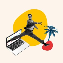 it case study beispiel Mann macht Spagat zwischen Laptop und Palmeninsel