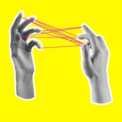 Zwei Hände sind durch an den Fingerkuppen festgebundene, kreuz und quer laufende Fäden verbunden