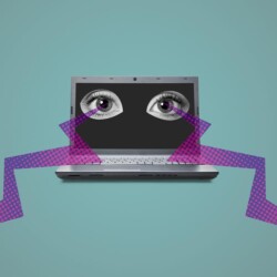 Ein Laptop, auf dessen Bildschirm zwei freigestellte Augen inmitten einer schwarzen Fläche zu sehen sind. Von den Augen gehen Blitze aus.