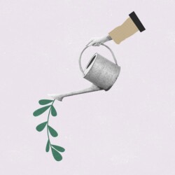 Eine Hand gießt mit einer Gießkanne. Statt Wasser kommt ein Zweig mit grünen Blättern aus der Kanne.