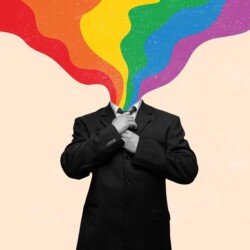 Ein Mann richtet seine Krawatte. Sein Kopf wurde durch Wellen in Regenbogenfarben ersetzt.
