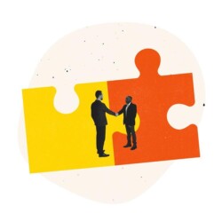 Zwei Geschäftsleute schütteln sich die Hände. Der Hintergrund besteht aus zwei zusammengefügten Puzzleteilen.