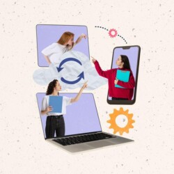 Drei junge Leute, die aus den Bildschirmen elektronischer Geräte schauen - ein Tablet, ein Laptop und ein Smartphone. Sie zeigen aufeinander, in der Mitte schwebt ein Cloud-Symbol.