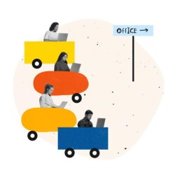 it case study beispiel Vier Personen sitzen in stilisierten Autos und lesen in Laptops oder Unterlagen. Vor ihnen befindet sich ein Schild mit einem Pfeil und dem Wort "OFFICE".