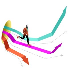 Aus einem Tunnel kommen mehrere pfeilförmige Wege. Ein Mann, der halb in Sport- und halb in Businesskleidung gekleidet ist, läuft auf einem der Wege in Richtung des Pfeils.