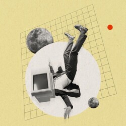 Eine Preson, deren Kopf durch einen Monitor ersetzt ist, schwebt auf dem Rücken liegend wie im freien Fall. Um sie herum sind Planeten zu sehen.