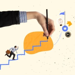 it case study beispiel Eine riesige Hand zeichnet eine Treppe, an deren oberen Ende sich eine Zielflagge befindet. EIne Person mit Aktentasche sprintet die Treppe nach oben.