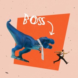 Ein Businessmann rennt vor einem T-Rex davon. Der T-Rex trägt eine Krawatte und ein Pfeil neben dem Wort "BOSS" zeigt auf ihn.