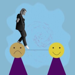Zwischen zwei Spielfiguren, von denen die erste traurig aussieht und die zweite lächelt, ist ein Seil gespannt. Eine Frau balanciert darauf von traurig nach fröhlich.