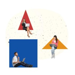 Bunte Quadrate und Dreiecke, in denen jeweils eine Person mit Laptop sitzt. Sie scheinen alle Freude an ihrer Arbeit zu haben.