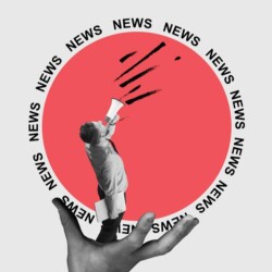 Mann steht auf einer Hand und ruft in eine Megafon. Im Hintergrund ein roter Kreis, der von dem Wort "NEWS" eingerahmt wird.