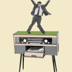 Ein Mann tanzt auf einer altmodischen Stereoanlage mit Plattenspieler