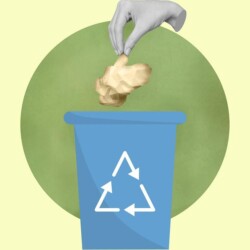 Hand wirft ein zerknülltes Stück Papier in einen Mülleimer, auf dem ein Recycling-Symbol angebracht ist.