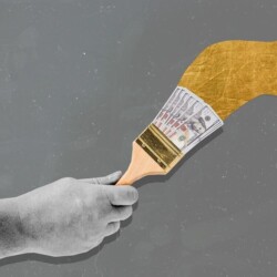 it case study beispiel Hand hält einen Pinsel in der Hand und streicht. Die Borsten des Pinsels sind Geldscheine.