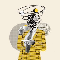 Mann in gelbem Anzug mit Kaffeetasse in der Hand, dessen Kopf durch Spiralen ersetzt wurde