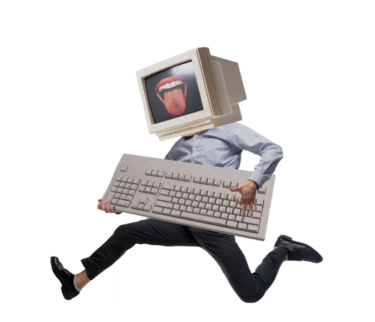 Laufender Mann mit Tastatur in der Hand und Computer als Kopf symbolisiert ITler