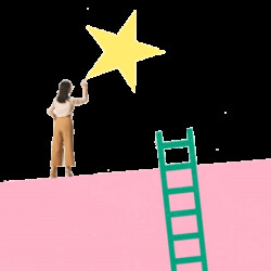 Frau zeichnet Stern an die Wand. Daneben eine Leiter, was symbolisch für Vorteile, Erfolg und Aufstieg steht