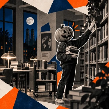Der Kürbiskopf nutzt seinen freien Abend in der Bibliothek