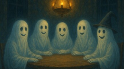 Fünf Geister sitzen in einem dunklen Raum, der nur von ein paar Kerzen erleuchtet wird, an einem rundem Tisch.