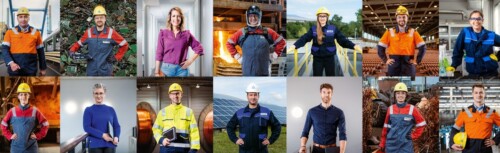 Viele verschiedene Porträts von Mitarbeiter:innen in unterschiedlichen Positionen und Dienstkleidungen.