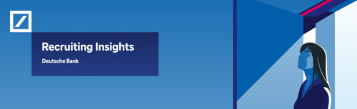 Links oben das weiße Logo der Deutschen Bank auf blauem Hintergrund, darunter der Eventtitel Recruiting Insights, rechts im Bild sieht man eine stilisierte Frau, die in einer offenen Tür stehend nach links blickt