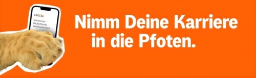 Eine orange Fläche. Eine Löwenpfote, die ein Handy in der Hand hält. Der Satz "Nimm deine Karriere in die Pfoten"
