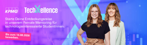 Zwei Frauen gut gelaunt im Bild im Hintergrund ein stilisiertes großes X und links das Logo von KPMG mit dem Titel TechXXellence