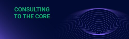Ein dunkler Hintergrund mit blauen Kreisen. Darauf der Satz "Consulting to the core"