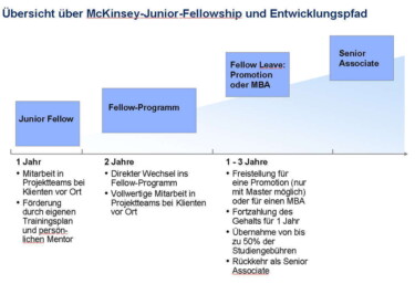 McKinsey Fellowship Einstieg nach dem Bachelor. Die Grafik visualisiert in einem Zeitstrahl die Stufen des Programms, die im Artikeltext beschrieben werden.