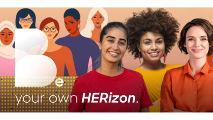 Be your own HERizon. Im Hintergrund Frauen als Comic-Darstellung und echte Fotos
