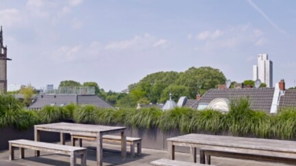 Stadtansicht mit einem Kirchturm, einem Fernsehturm, Bäumen