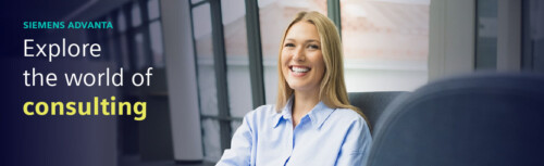 Frau lächelt in die Kamera. Daneben befindet sich der Schriftzug "Explore the world of consulting"
