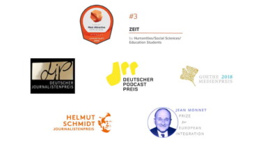 Auszeichnungen der ZEIT Verlagsgruppe:
Universum Badges2020 Students Humanities Social Sciences Education (Arbeitgeberranking)
Deutscher Journalistenpreis
Deutscher Podcast Preis 
Helmut Schmidt Journalistenpreis
Jean Monnet Price for European Integration
[Quelle: DIE ZEIT, bearbeitet durch e-fellows.net]
Goethe Medienpreis 2018