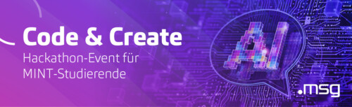 Auf lilafarbenem Hintergrund sieht man links den Eventtitel Code & Create und rechts das Logo von msg und den Schriftzug AI in einer Sprechblase